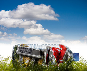 Recycling-cans, phone, bottle.