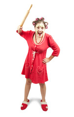 Angry housewife on a white background