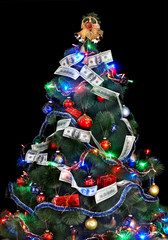 Christmas tree with money dollar garland. Black background.