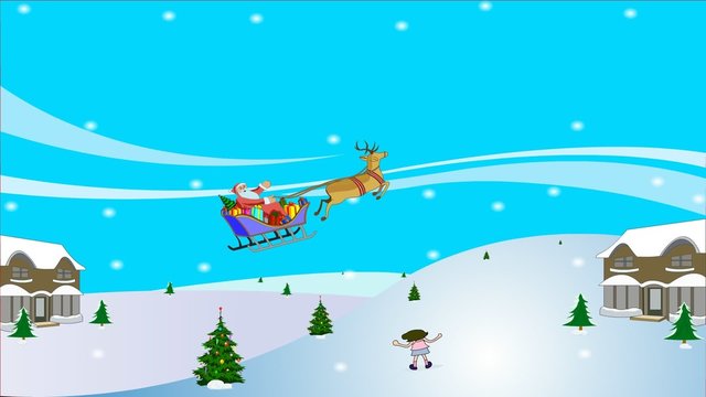 Animation of Santa Claus in his sleigh with his reindeer