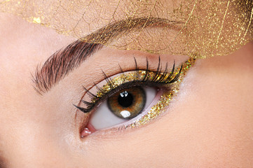 Brown female eye with a glamour golden make-up
