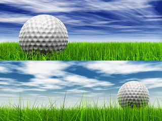 High resolution 3d white golf ball in green grass background