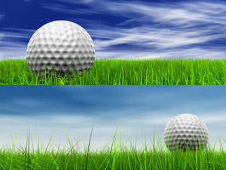 High resolution 3d white golf ball in green grass background