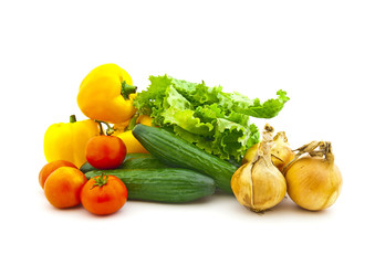 Set of various vegetables and fruit on a white background