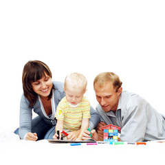 Happiness child with parents paint