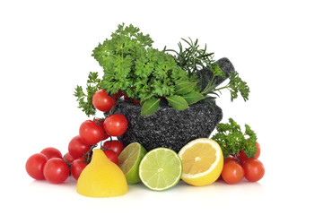 Fototapeta na wymiar Herbs Leaves, Fruit and Tomatoes