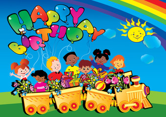 Happy birthday train with children carrying presents.