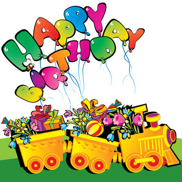 Happy birthday train carrying presents. Place for sample text.