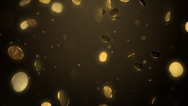 Falling shiny gold coins with glowing particles