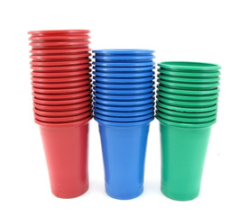 Plastic cups red, blue and green