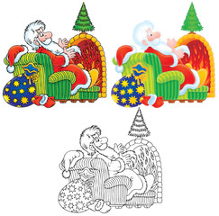 Santa Claus sits by the fire