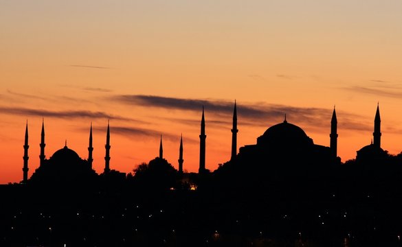 silhouette of Blue mosque and Hagia Sophia in Istanbul