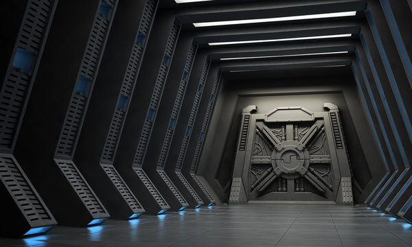 Science fiction interior - a hallway with reinforced gate.