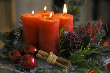 Advent wreath with red candlelit