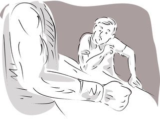 timid scared looking man  arm wrestling with giant