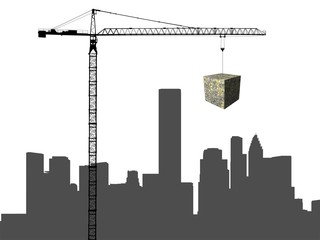 Obraz premium Houston skyline with crane and dollar cube