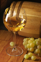 White wine, grape and barrel