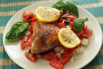 chicken and organic tomato salad and basil leaf
