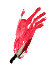 Bloody hand-print and knife.