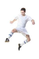 Football player in jump isolated against white