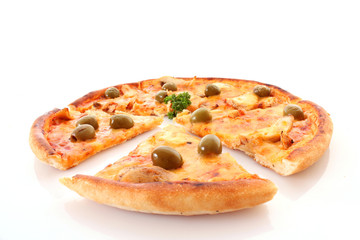 Tasty pizza with olives on white
