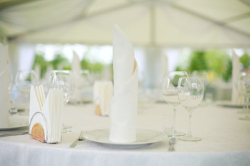Elegant tables  set up for a wedding banquet