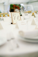 Elegant tables  set up for a wedding banquet