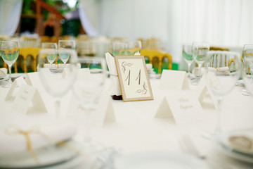 Elegant tables  set up for a wedding banquet