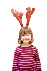 6 years old girl wearing a reindeer headband..