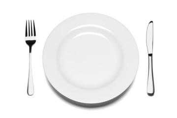 Empty plate with fork and knife.