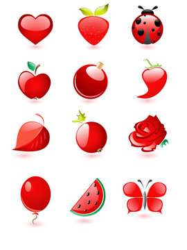 Collection of glossy red icons with drop shadow