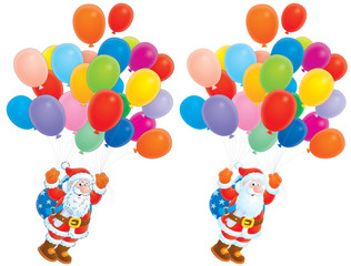 Obraz na płótnie Canvas Santa Claus flying with multicolor balloons (2 versions)