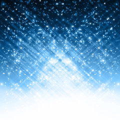 Naklejka premium snowflakes and stars descending on a path of blue light