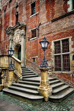 Old town hall stairs and lanterns, enhanced