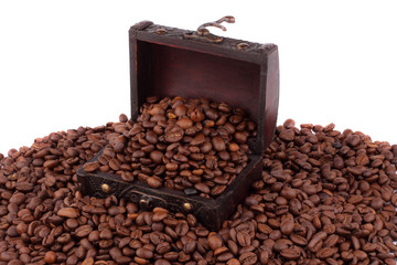 Wooden chest and coffee grains