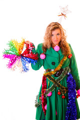 Fototapeta premium Beautiful woman with gift isolated on white