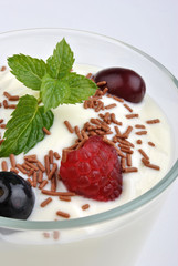 fresh organic nature yoghurt and wild fruits with mint