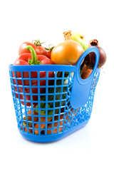 Blue plastic shopping bag with grocery over white background
