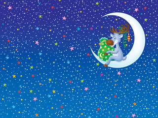 Background with Reindeer holding a bag with Christmas presents