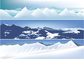 Three banners with high mountains