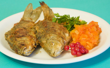Fried fish in plate on a green background
