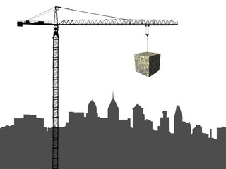 Obraz premium Philadelphia skyline with crane and dollar cube