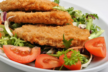 breaded fish steak with organic herbs on a plate