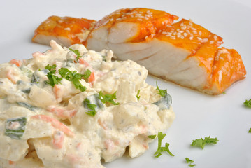 fresh home made potato salad with salmon shashlik