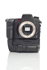 Front view of professional Dslr camera body with vertical grip