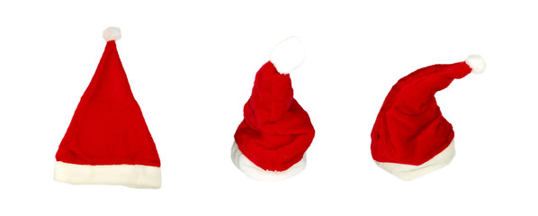 Collection of Santas caps on white background