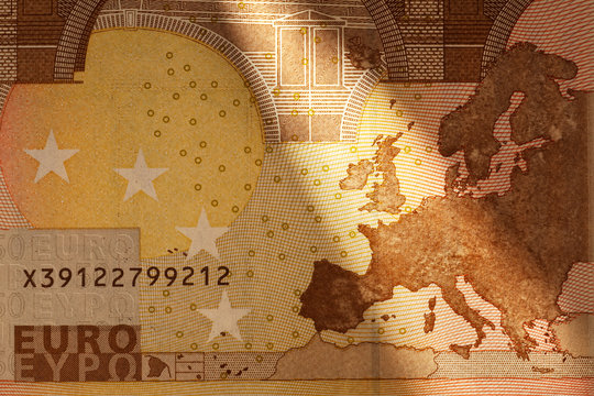 map of Europe on 50 euro banknote with spotlight