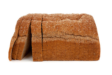 a loaf of sliced wheat bread on white