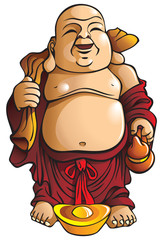 Laughing Buddha with huge belly, sack and gold ingot, vector