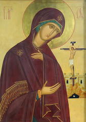 Icon of Mother of God Mary and Jesus Christ on the cross © Kadmy